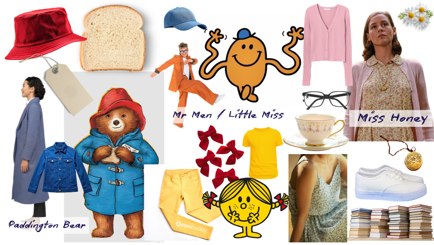 Collage of Last-Minute World Book Day Costumes for Teachers (Own-Clothes Only), showing five easy teacher costume ideas: Paddington Bear with red hat and coat, Mr Men/Little Miss in yellow with bows, and Miss Honey with cardigan and floral dress.